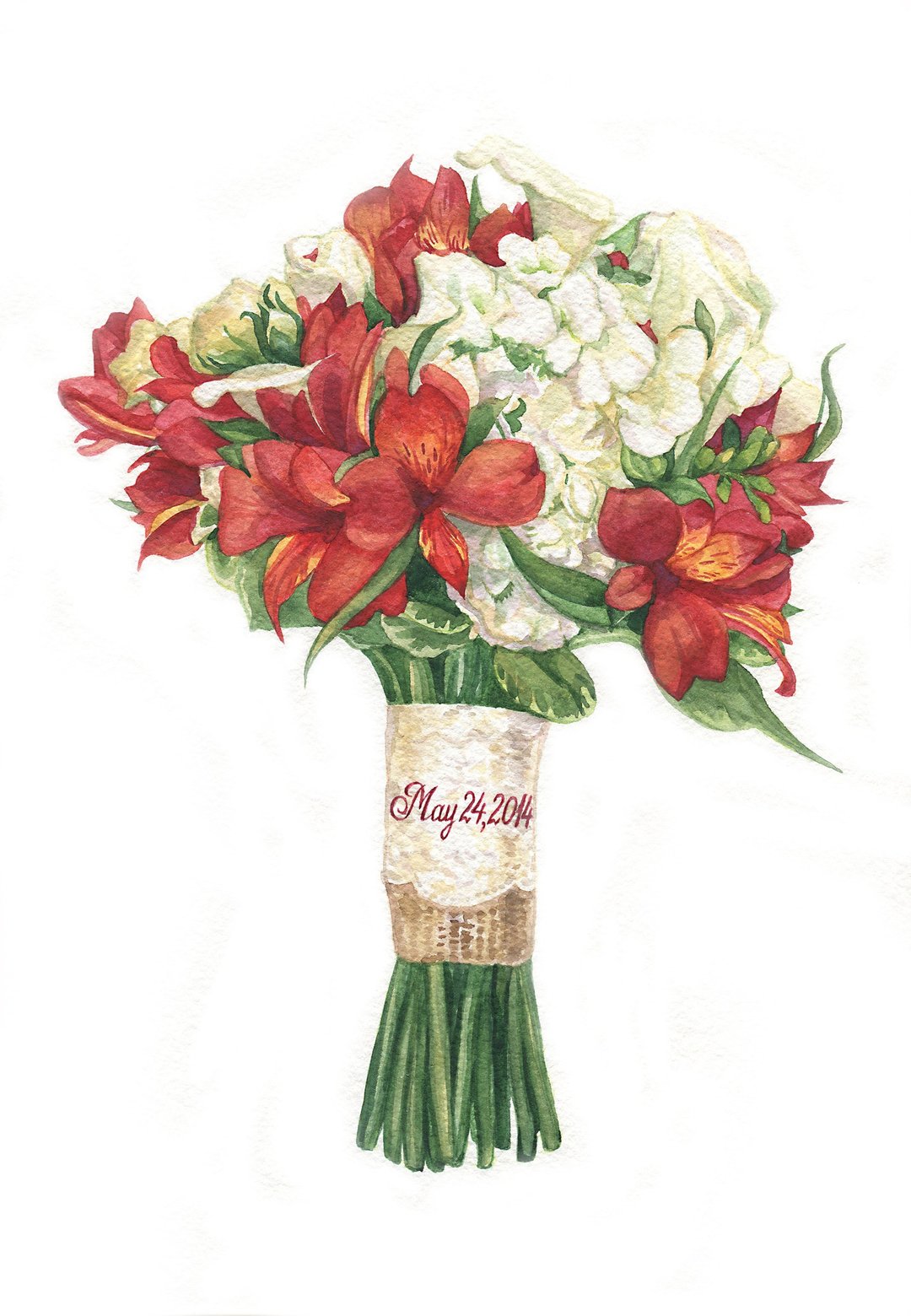 Wedding Bouquet Painting in Watercolor Bridal flowers portrait Anniversary gift - 订制画像 - 纸 