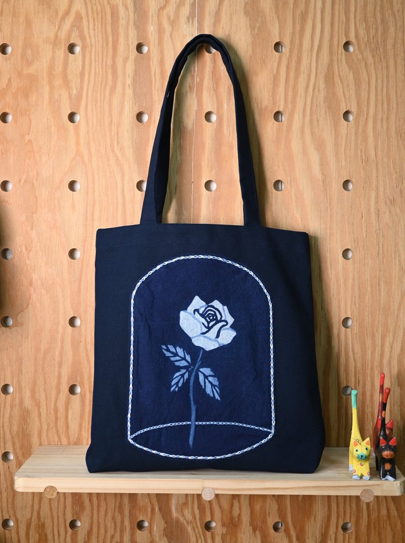 【记忆有限】蓝染托特包&手提袋-玫瑰 - 手提包/手提袋 - 棉．麻 蓝色