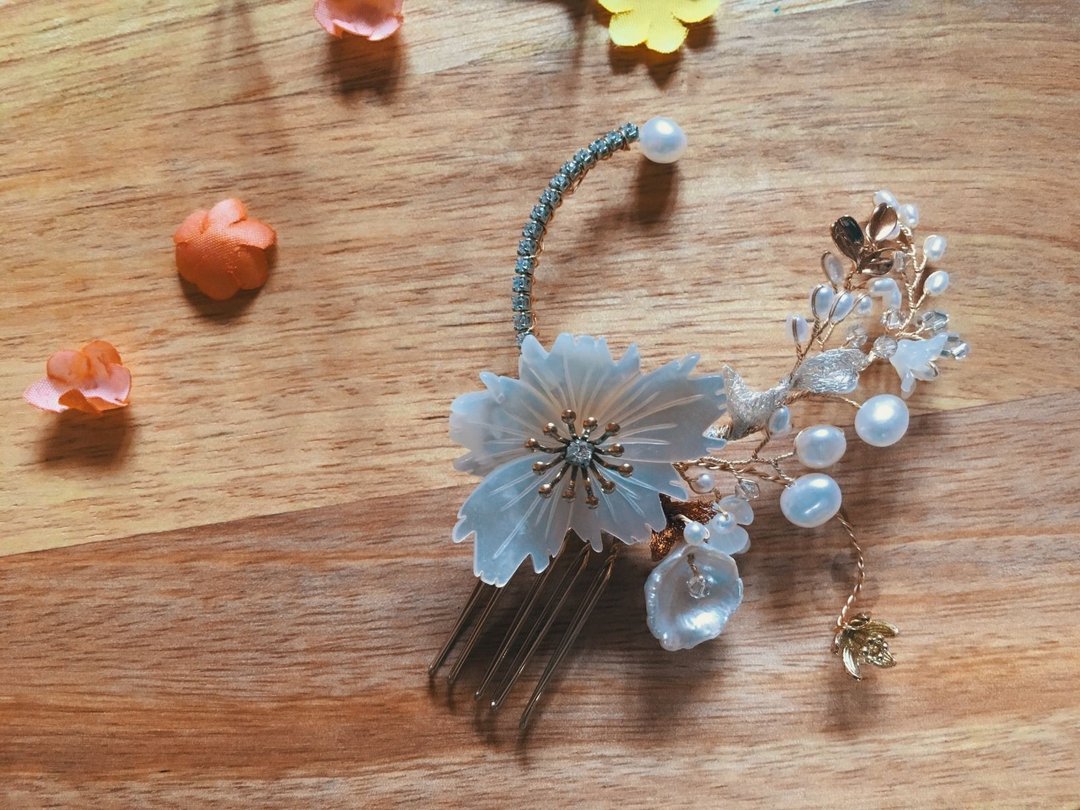天然贝壳花 珍珠新娘头饰发饰 Bridal Headpiece - 发饰 - 珍珠 白色
