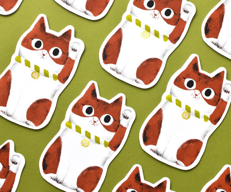 花生招财猫 手工绢印卡片 - 卡片/明信片 - 纸 橘色