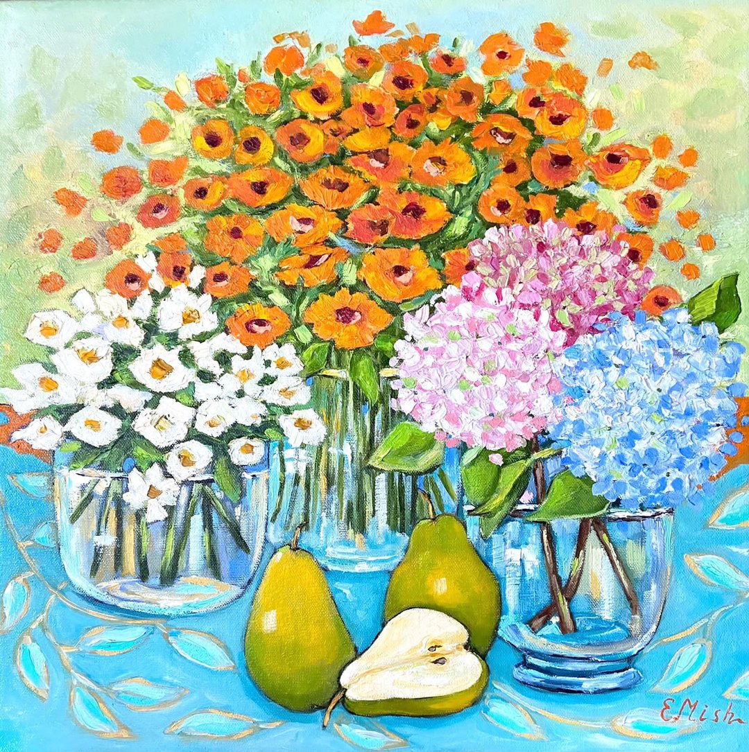 鲜花和梨的花束 画廊包裹帆布上的原创油画 鲜花和水果 野兽派 - 墙贴/壁贴 - 其他材质 蓝色