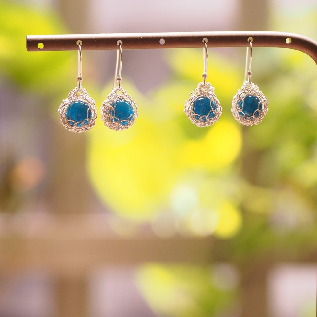 独家设计 手工勾织 磷灰石耳环 纯银耳勾 Crochet Jewelry - 耳环/耳夹 - 半宝石 蓝色