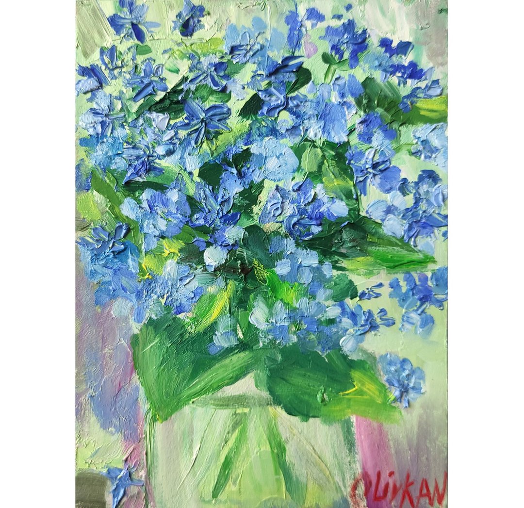 Forget me nots Painting Bluebonnet Original Oil Art Floral Artwork - 海报/装饰画/版画 - 其他材质 多色