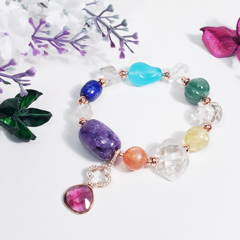 天然宝石 多宝钏 碧玺 闪灵钻 紫龙晶 彩虹 智慧 手链 单品 礼物 - 手链/手环 - 宝石 多色