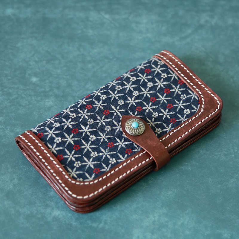 【切线派】菱花 日式拼布 头层牛皮 纯手工长款钱夹真皮收纳钱包 - 手拿包 - 真皮 咖啡色