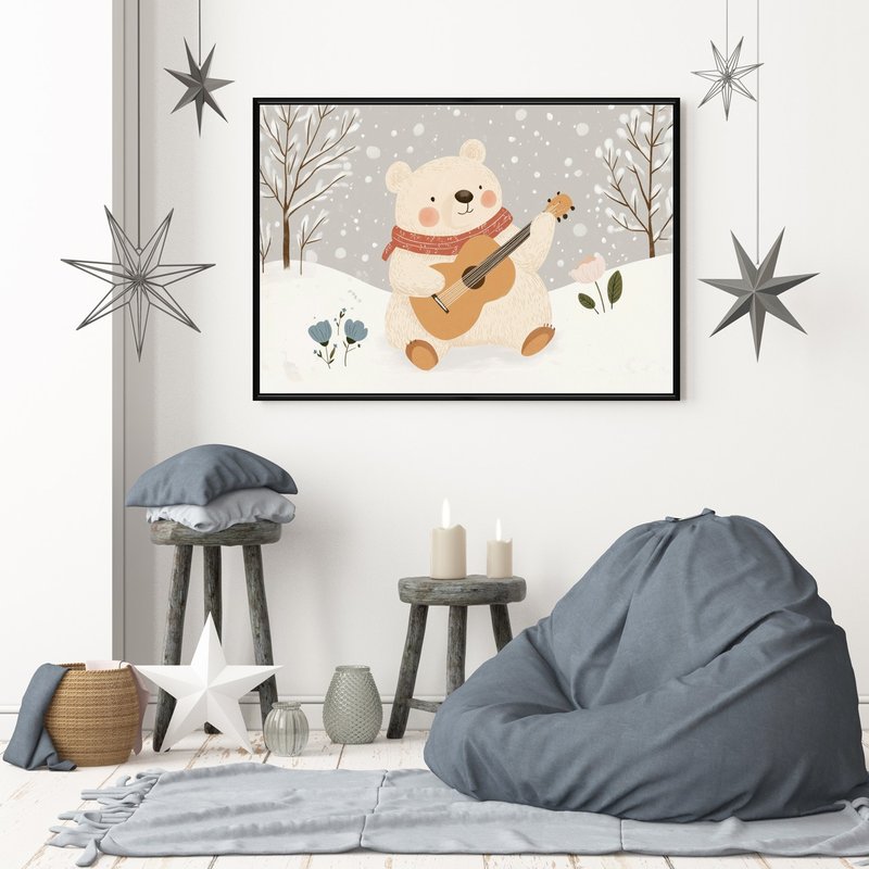 弹吉他的小熊 - 圣诞插画/圣诞树装饰挂画/圣诞小物/圣诞交换礼物 - 海报/装饰画/版画 - 棉．麻 灰色