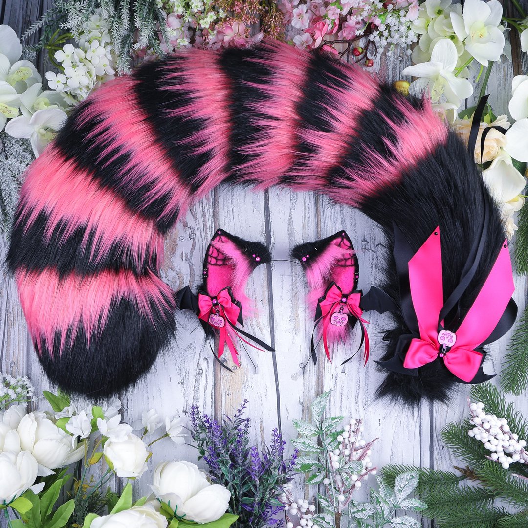 Pink Pumpkin Cheshire Cat Ears and Tail Set Faux Fur Ears and Tail Set - 发饰 - 其他人造纤维 粉红色