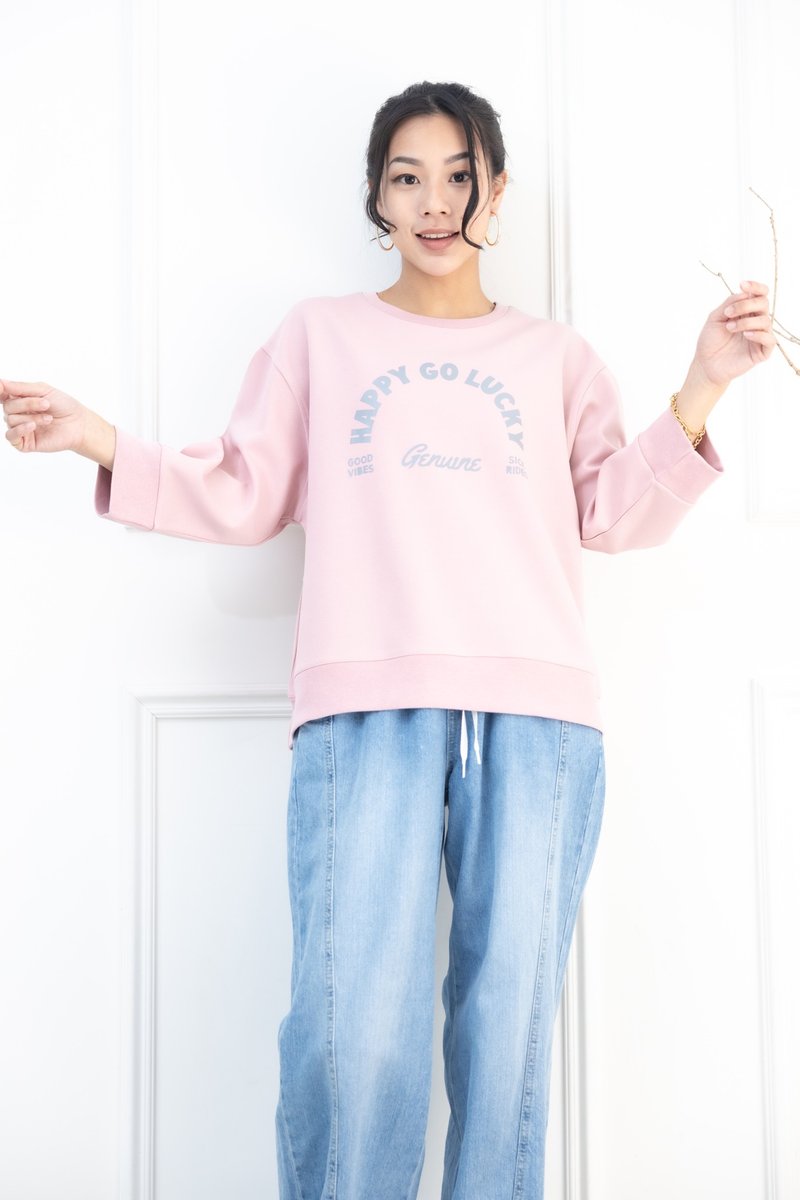灰色HAPPY GO LUCKY印花 七分袖上衣 烟粉色 - 女装上衣 - 其他材质 粉红色