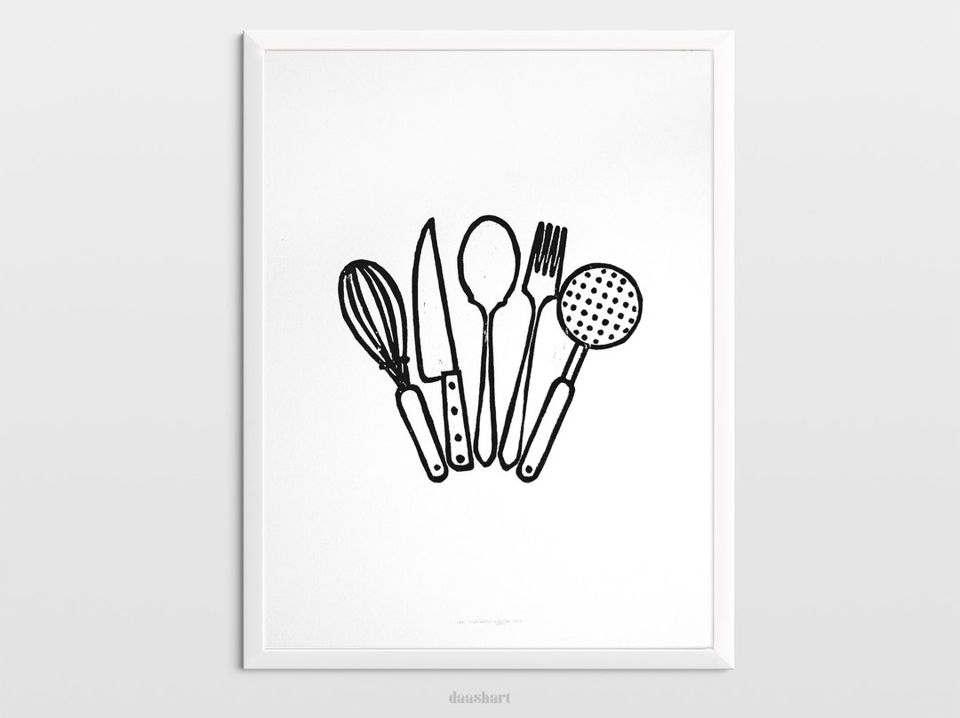 Kitchen utensils art Linocut print Minimal artwork modern poster Classical art - 海报/装饰画/版画 - 纸 橘色
