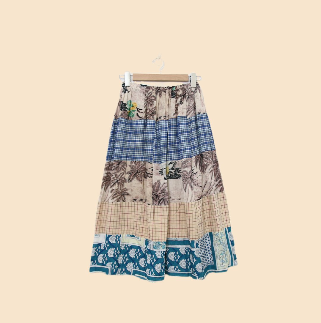 Back to Green-复古拼接长裙 海滩拼布 格纹 fs-10 vintage skirt - 裙子 - 棉 