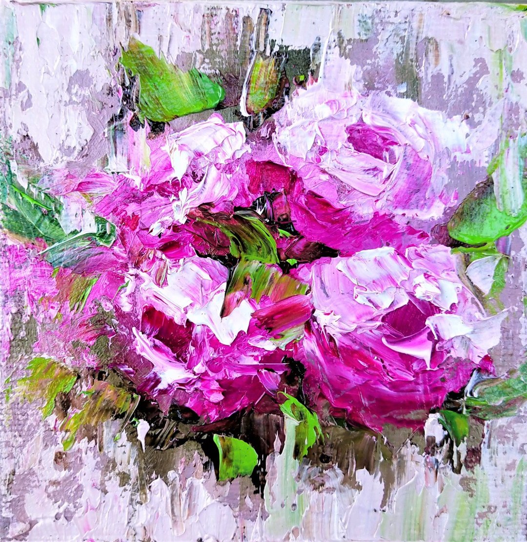 Peonies Painting Floral Original Artwork Oil Painting 15x15 cm/ 6 by 6 inch - 海报/装饰画/版画 - 棉 多色