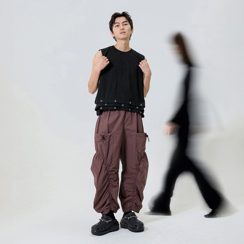 大口袋抽皱休闲长裤 - 男士长裤 - 棉．麻 紫色