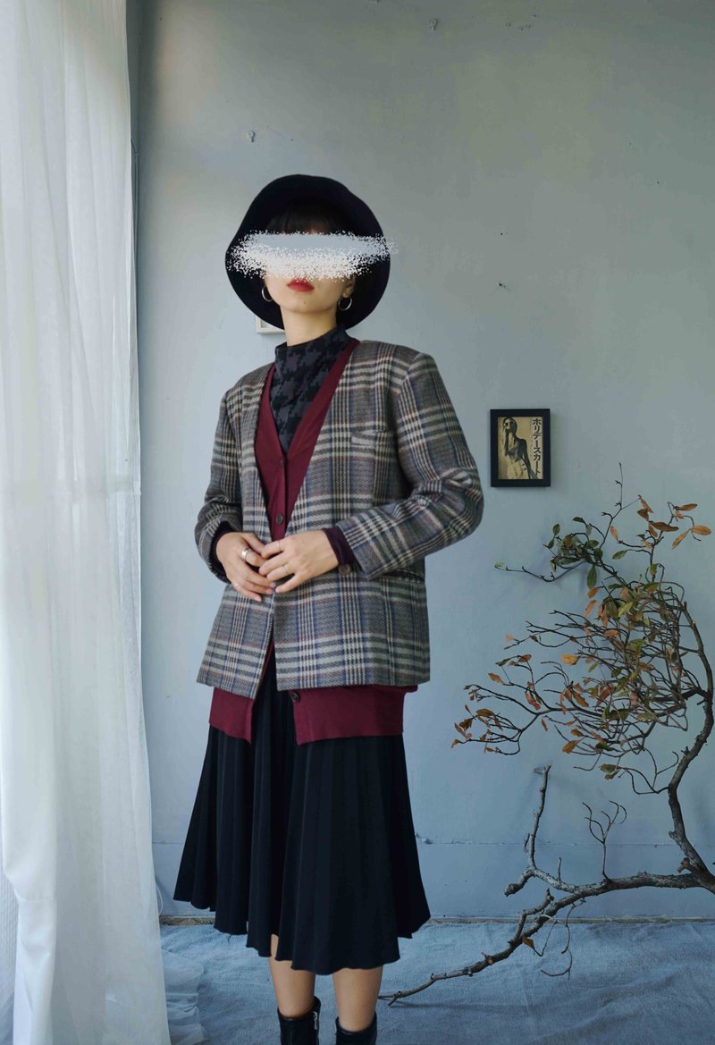 寻宝古着-日制深灰经典格纹V领单排扣西装外套 - 女装西装外套/风衣 - 羊毛 灰色