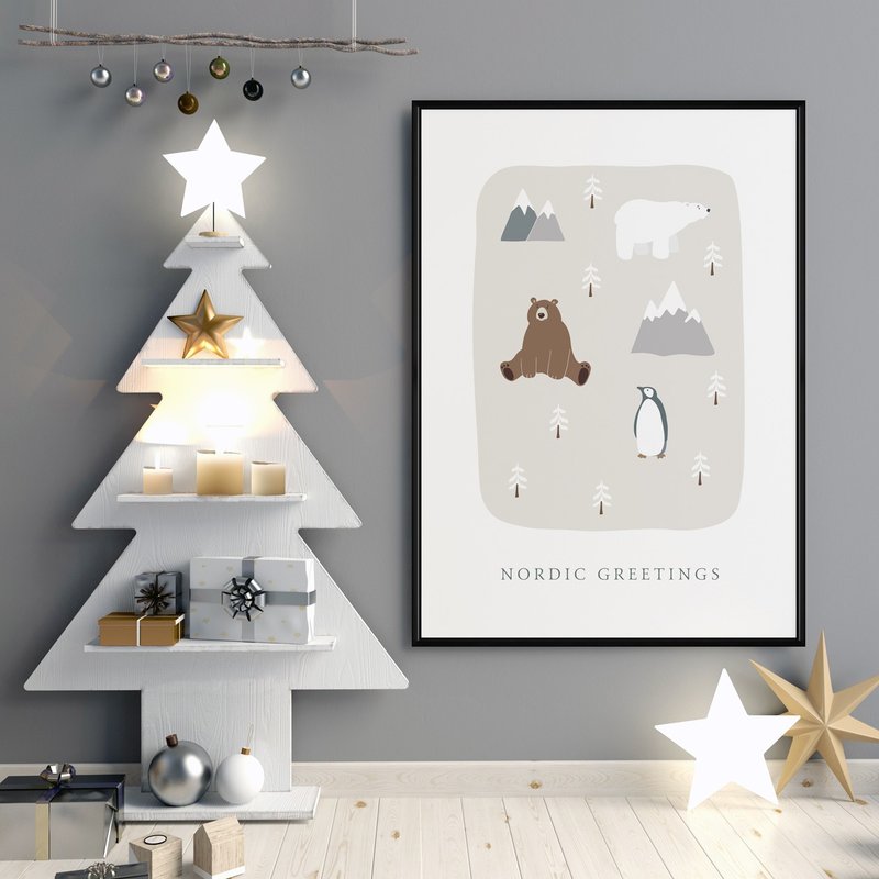 圣诞 • 北欧的问候 -童趣企鹅小熊圣诞插画/儿童房挂画/圣诞礼物 - 海报/装饰画/版画 - 棉．麻 多色