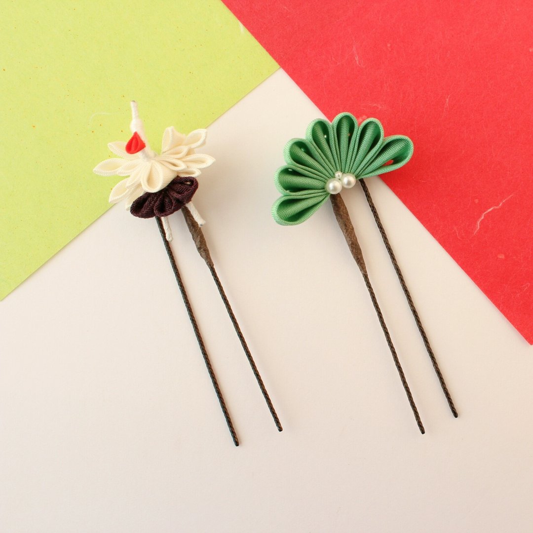 Hair ornament crane & stylish pine - 发饰 - 丝．绢 白色