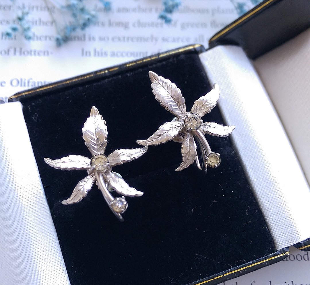Vintage Jewelry 西洋古董饰品 Krementz 银叶细致 栓式耳环 - 耳环/耳夹 - 其他金属 透明