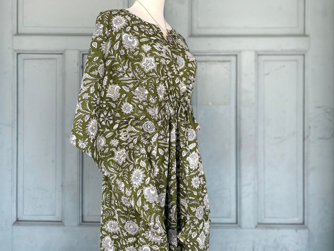印度/斋浦尔/波希米亚/手工盖印/蝴蝶衣长洋装Kaftan - 洋装/连衣裙 - 棉 绿色