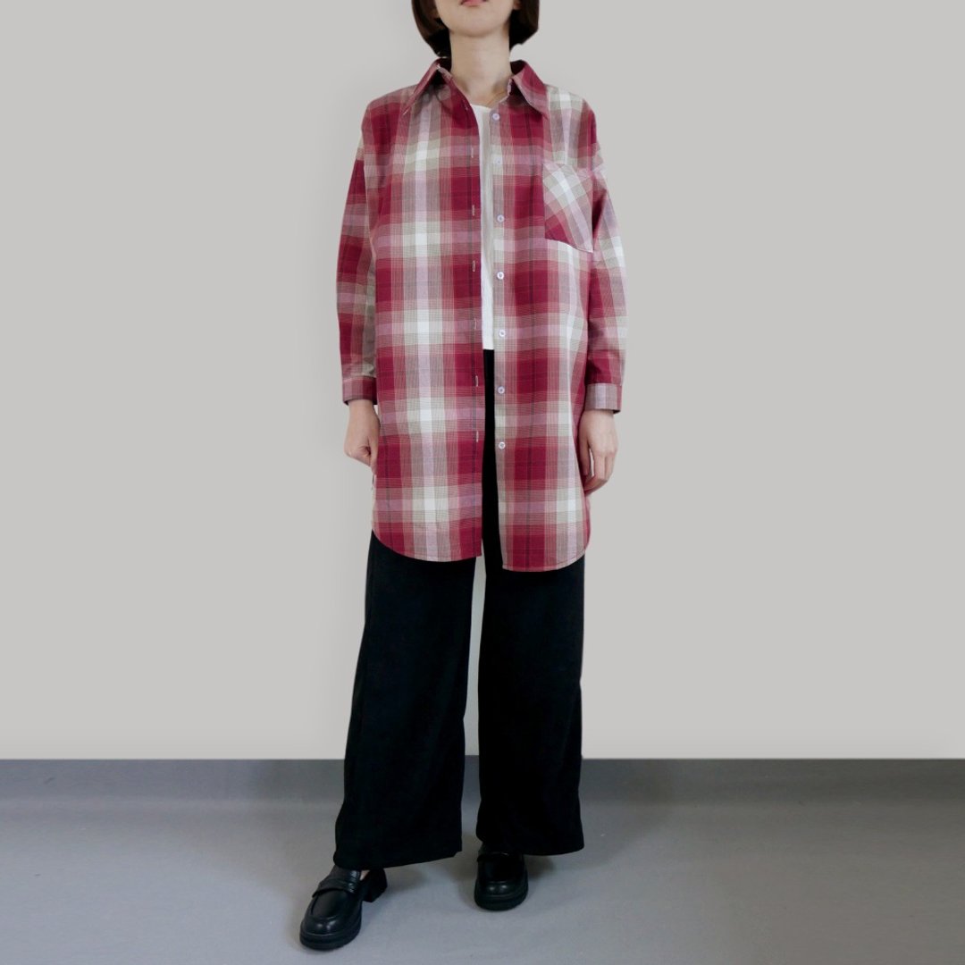 红色尖领格纹厚棉长版衫 - 女装上衣 - 棉 红色