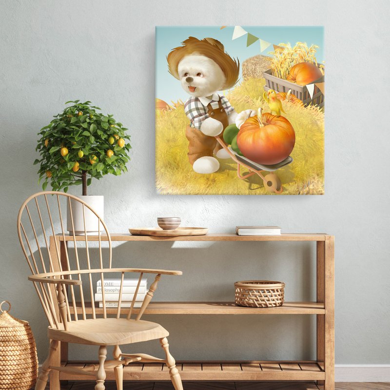 丰收小狗 - 比熊犬与南瓜推车艺术复制画 (秋日居家布置) - 海报/装饰画/版画 - 其他材质 橘色