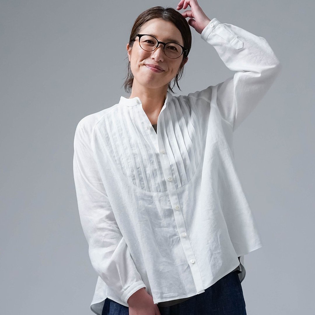 wafu [Linen Blouse] Pintuck Linen Blouse / White t033e-wht1 - 女装衬衫 - 棉 白色