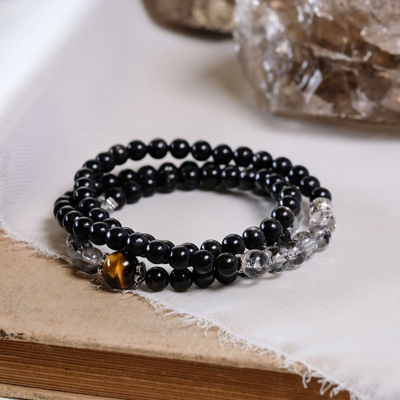 金运石 闪灵钻 黄虎眼 三圈 手链 天然矿石水晶 - 手链/手环 - 水晶 黑色