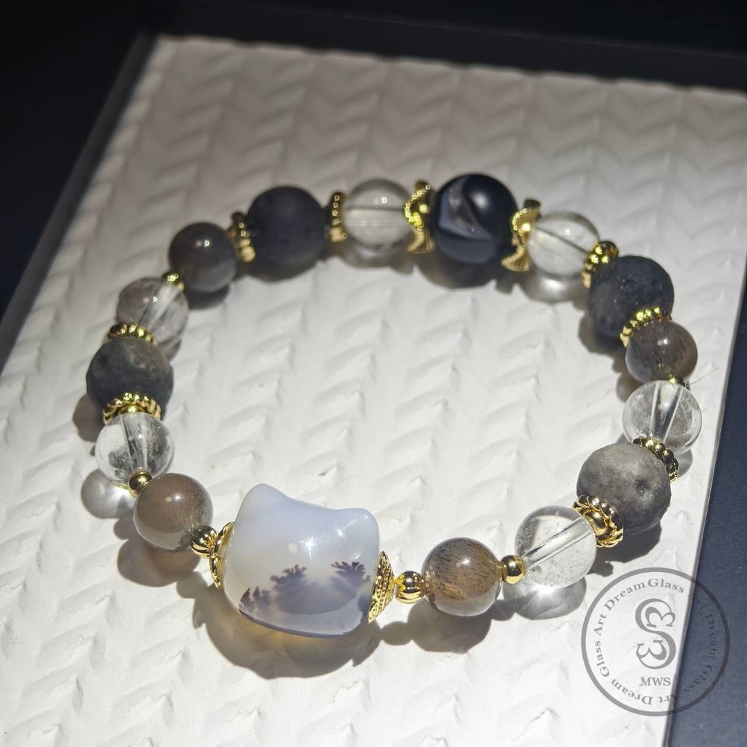 【Dream Crystal Art】冬日幻影 - 树枝玛瑙猫咪头骨干水晶手串 - 手链/手环 - 半宝石 黑色