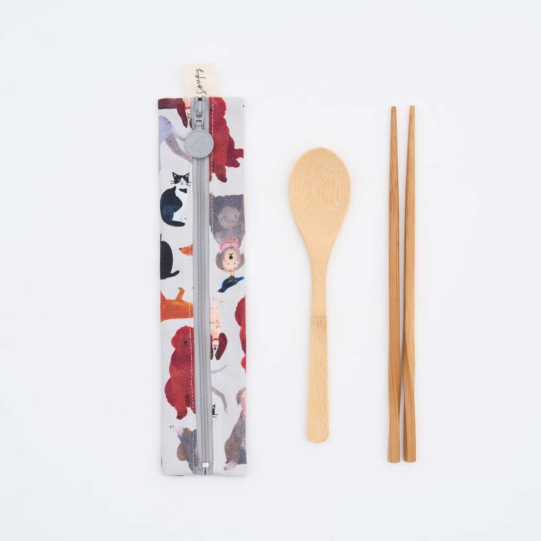 拉链餐具袋(含餐具)/艺术家联名/印花乐 x Soupy Tang/宠物派对 - 餐刀/叉/匙组合 - 棉 多色