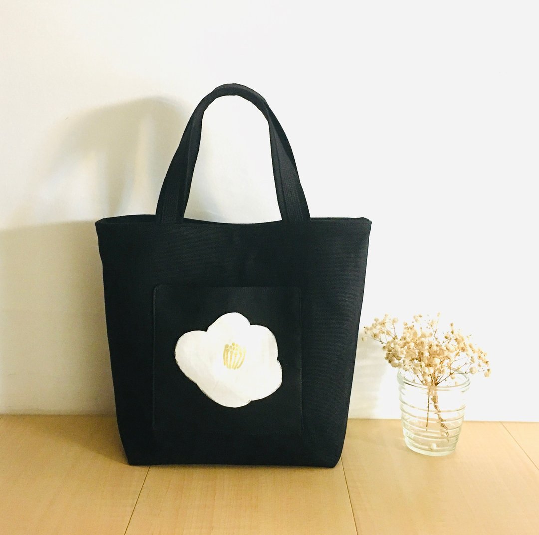 外袋托特包。山茶花 莲花 2款。内袋。磁扣。帆布 - 手提包/手提袋 - 棉 黑色