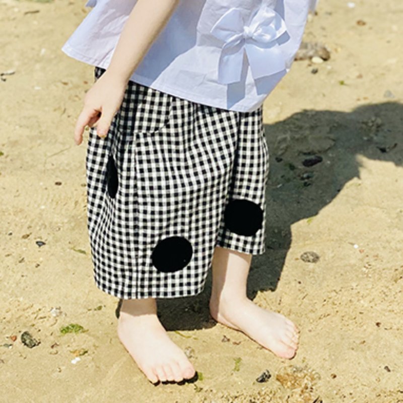 黑白格纹点点休闲裤 / 口袋 直筒裤 童装 - 童装裤 - 棉．麻 黑色