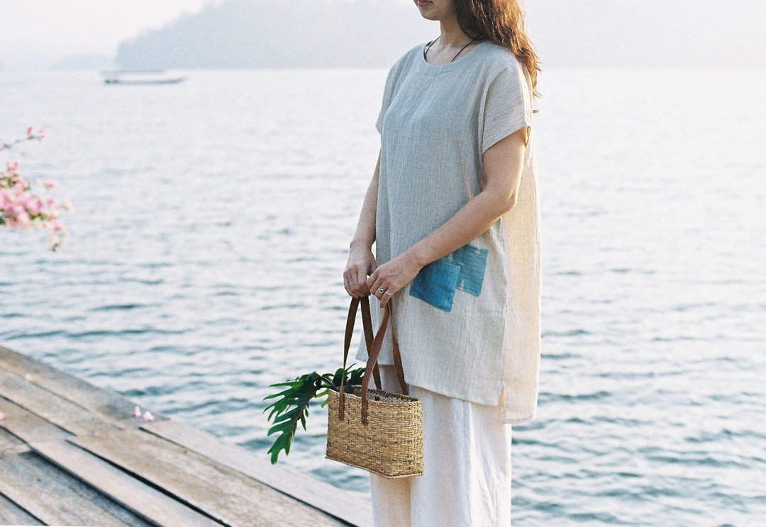 **Summer Breeze ~ simple U | Natural indigo on linen** - 背带裤/连体裤 - 棉 白色