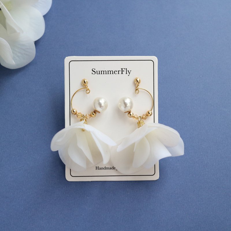 3种戴法—晕染花朵耳环花花耳环 白色珍珠水晶耳圈优雅气质 - 耳环/耳夹 - 植物．花 白色