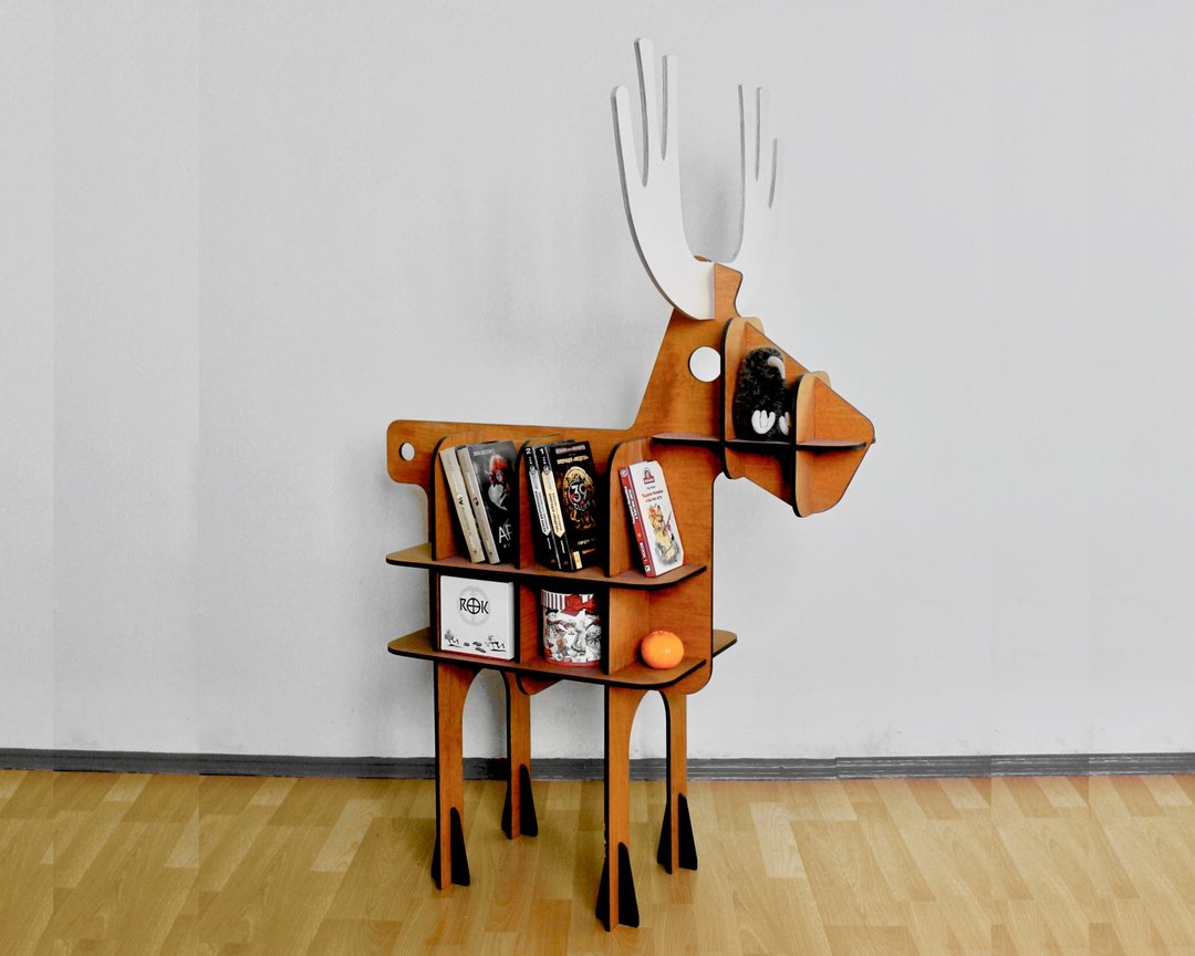 Moose - 儿童木地板架，用于放置书籍和玩具。动物儿童家具。 - 儿童家具 - 木头 咖啡色
