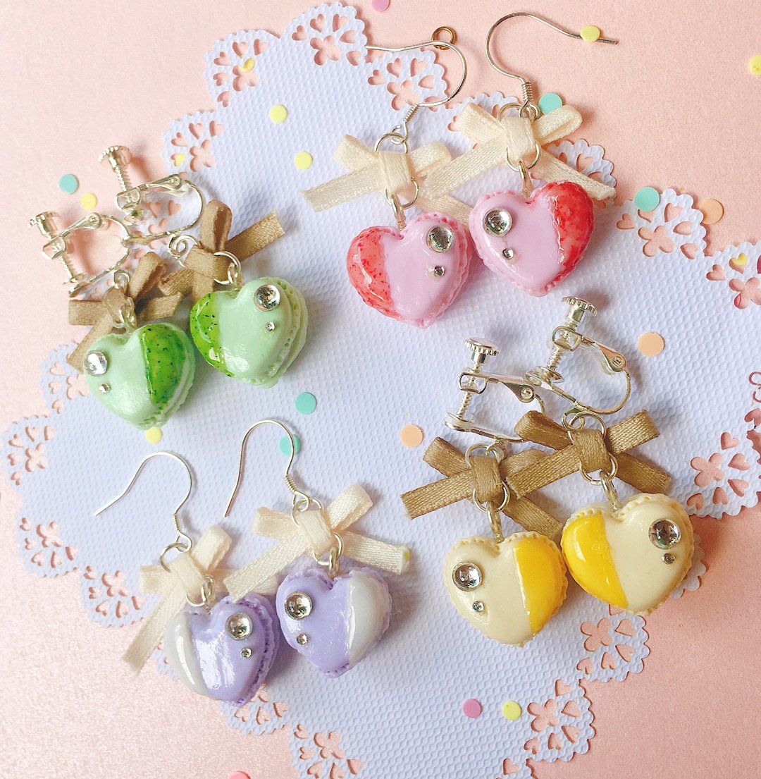 可爱心形马卡龙925银耳环Miniature Macaron Earrings - 耳环/耳夹 - 粘土 