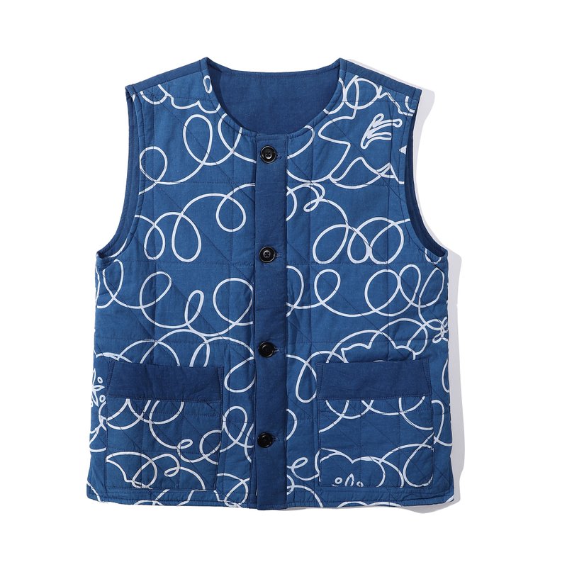 GOC Studio 蓝染色双面夹棉背心 - 田野繁花 - 男装背心 - 棉．麻 蓝色
