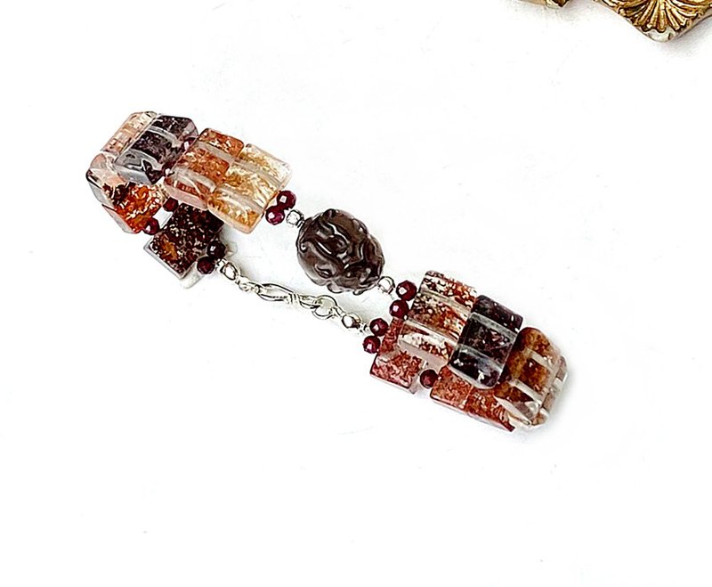 招财转运天然冰透体幽灵x石榴石x茶晶龙龟925纯银手环式手链 - 手链/手环 - 水晶 多色