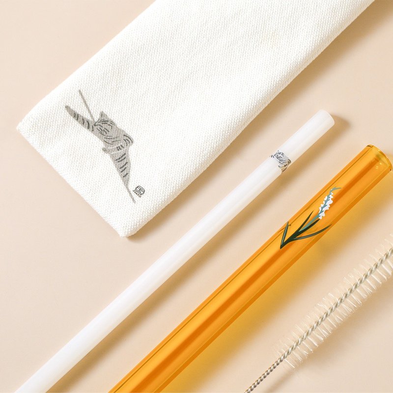 常玉/花-玻璃吸管组 (猫咪图案) - 环保吸管 - 玻璃 橘色