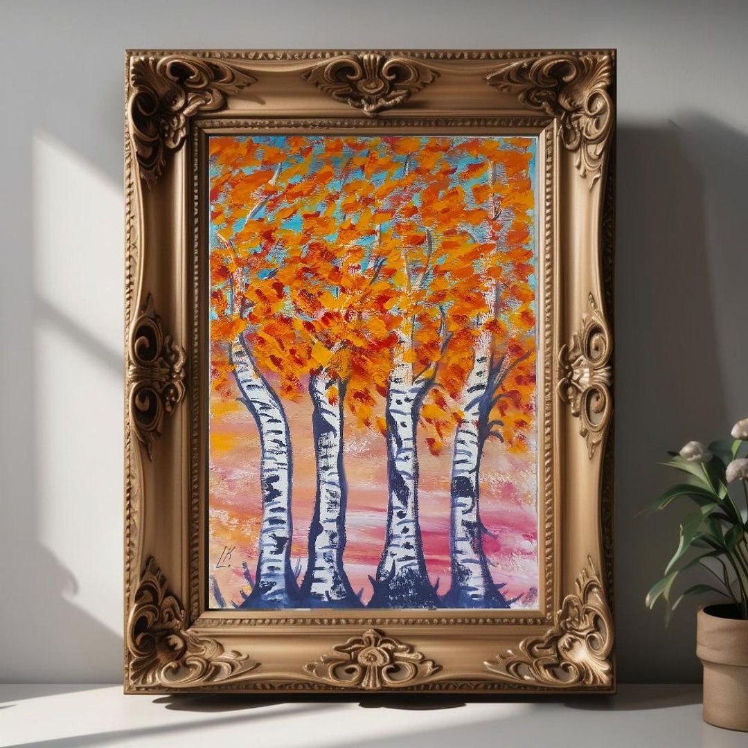 金色秋意画作的魅力、桦树艺术、金色秋季风景的光芒 - 墙贴/壁贴 - 纸 多色