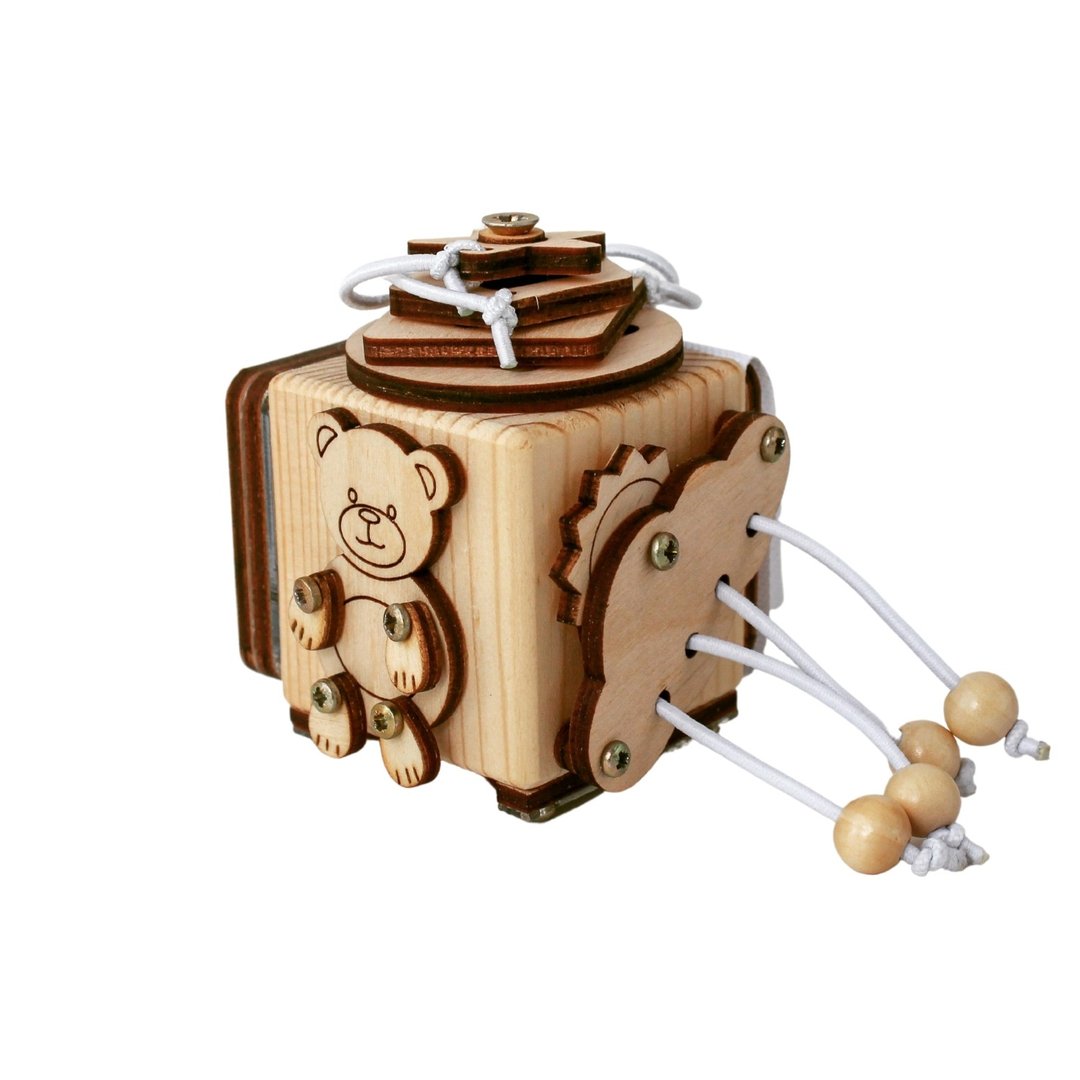 Busy cube mini - bear, wooden baby fidget toy, montessori toy for toddlers - 玩具/玩偶 - 木头 咖啡色