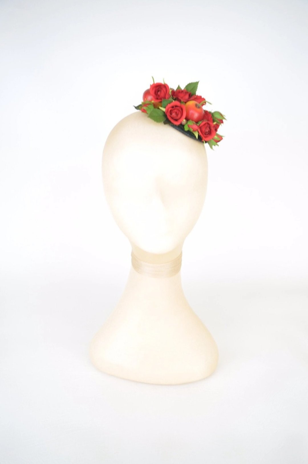 Headpiece Fascinator Cocktail Hat with Red Silk Flower Roses and Apples - 发饰 - 其他材质 红色