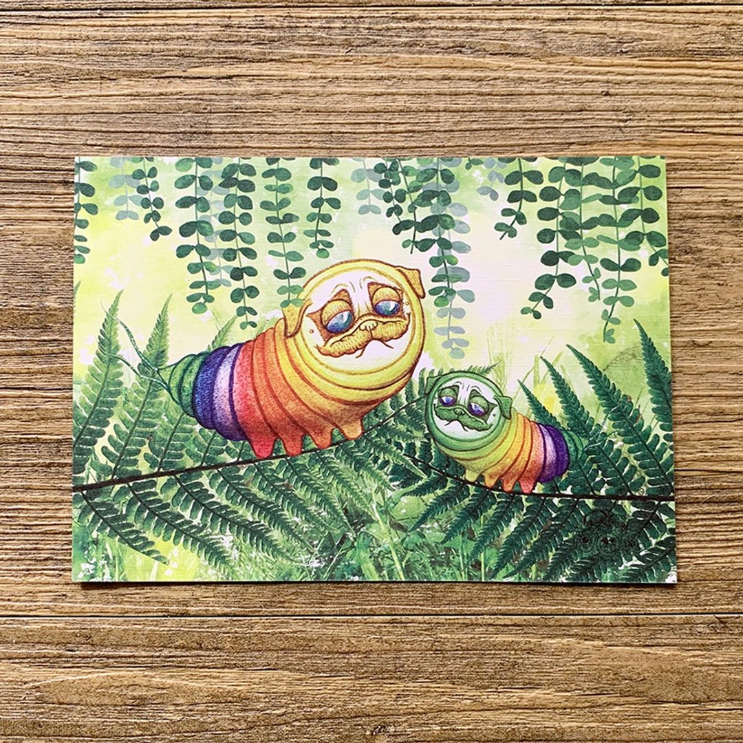 巴哥犬 彩色虫 插画 明信片 - 卡片/明信片 - 纸 多色