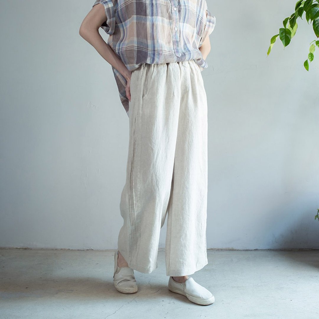 侧边立体纹路设计亚麻长裤 卡其 白 深蓝 咖 F - 女装长裤 - 棉．麻 白色