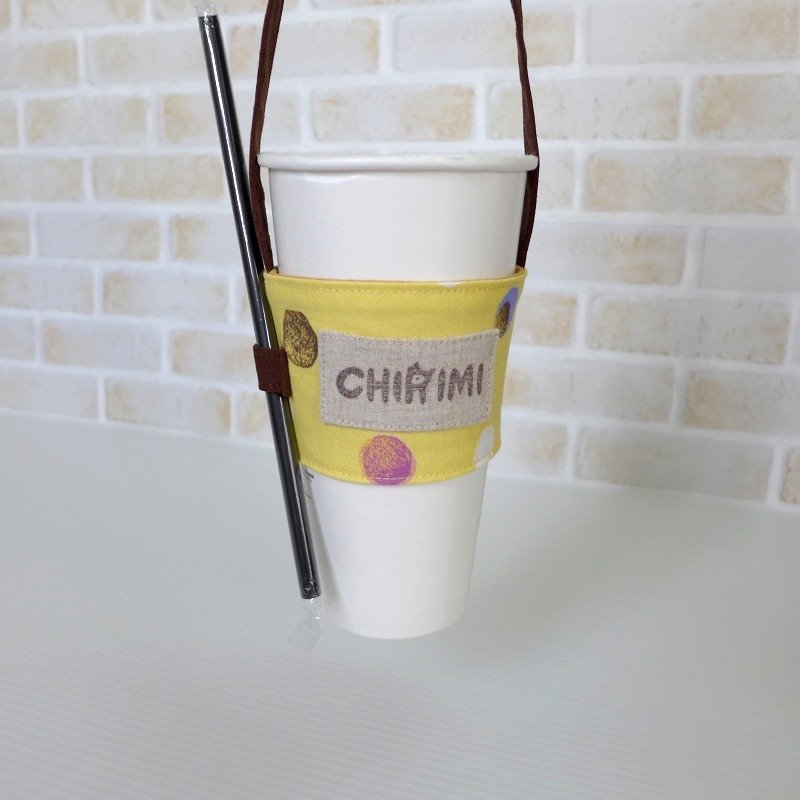 环保饮料提袋 《黄底彩绘圆点》 - 随行杯提袋/水壶袋 - 棉．麻 