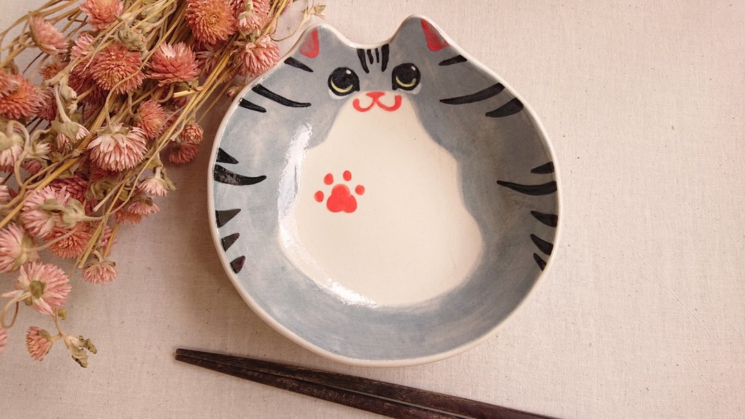 Hey!鸟朋友!胖猫猫深盘-灰底虎斑猫猫 - 盘子/餐盘/盘架 - 瓷 咖啡色