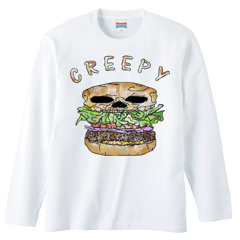 Long sleeve T-shirt / Creepy hamburger - 男装上衣/T 恤 - 棉．麻 白色