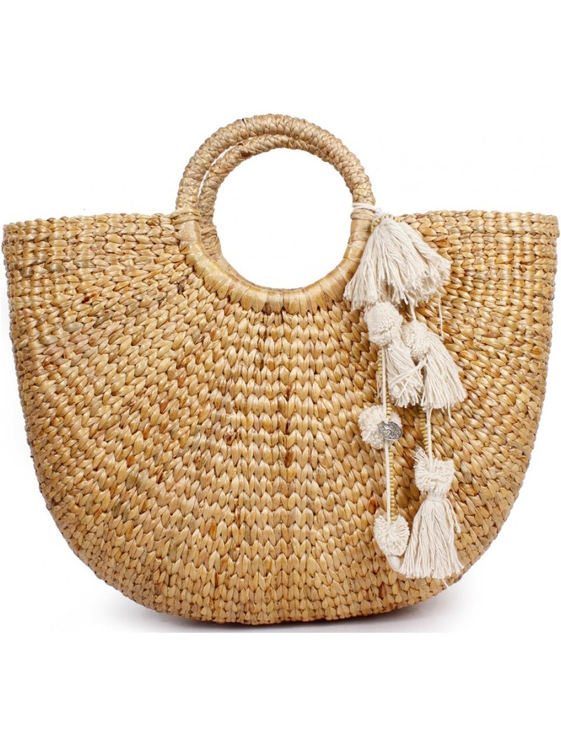 公平贸易 原色藤编包 草编包 编织包 手提包 海滩包  白色流苏 - 手提包/手提袋 - 植物．花 卡其色