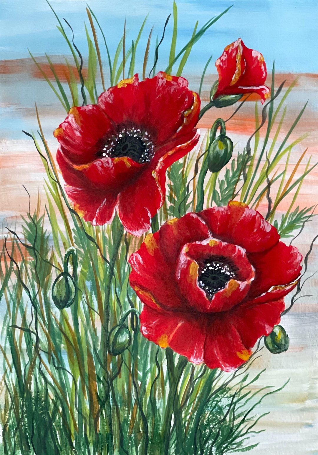 Scarlet poppies in the green grass. Painting Gouache. - 墙贴/壁贴 - 纸 