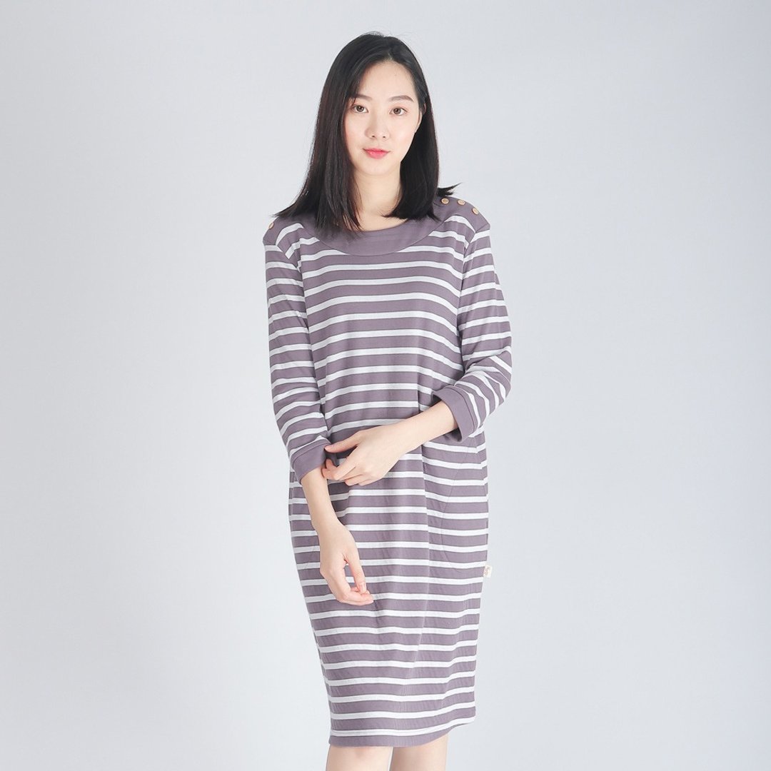 UMORFIL胶原蛋白条纹八分袖连身裙-葡萄紫 - 居家服/睡衣 - 棉 紫色