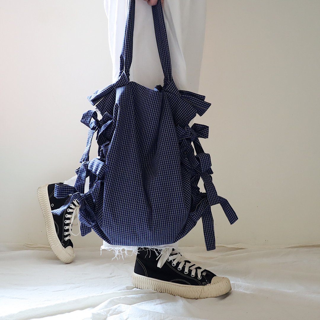 蝴蝶结托特包 Ribbon Tote (L) | 深蓝小格 | 可水洗 - 侧背包/斜挎包 - 棉 蓝色