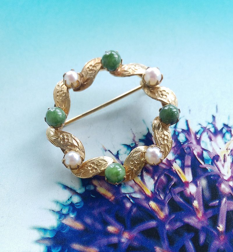 Vintage Jewelry 西洋古董饰品 12K包金 秀气珍珠绿珠 环圈 别针 - 徽章/别针 - 其他金属 金色