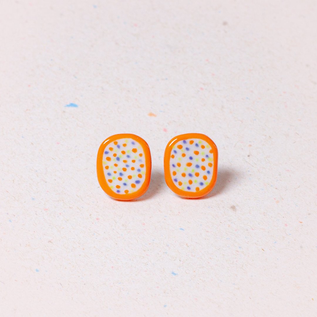 陶瓷 椭圆斑斓点点陶瓷耳环 Ceramic Accessory - 耳环/耳夹 - 瓷 橘色